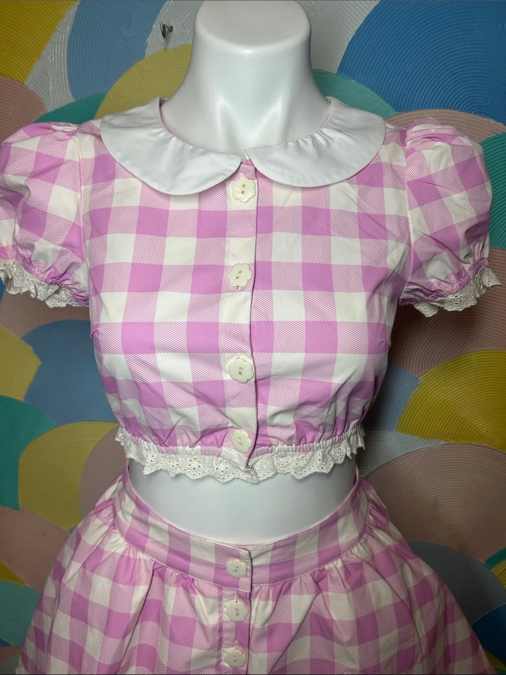 Sugar Thrillz Pink and White Gingham Crop Top & Skirt Set Sz S